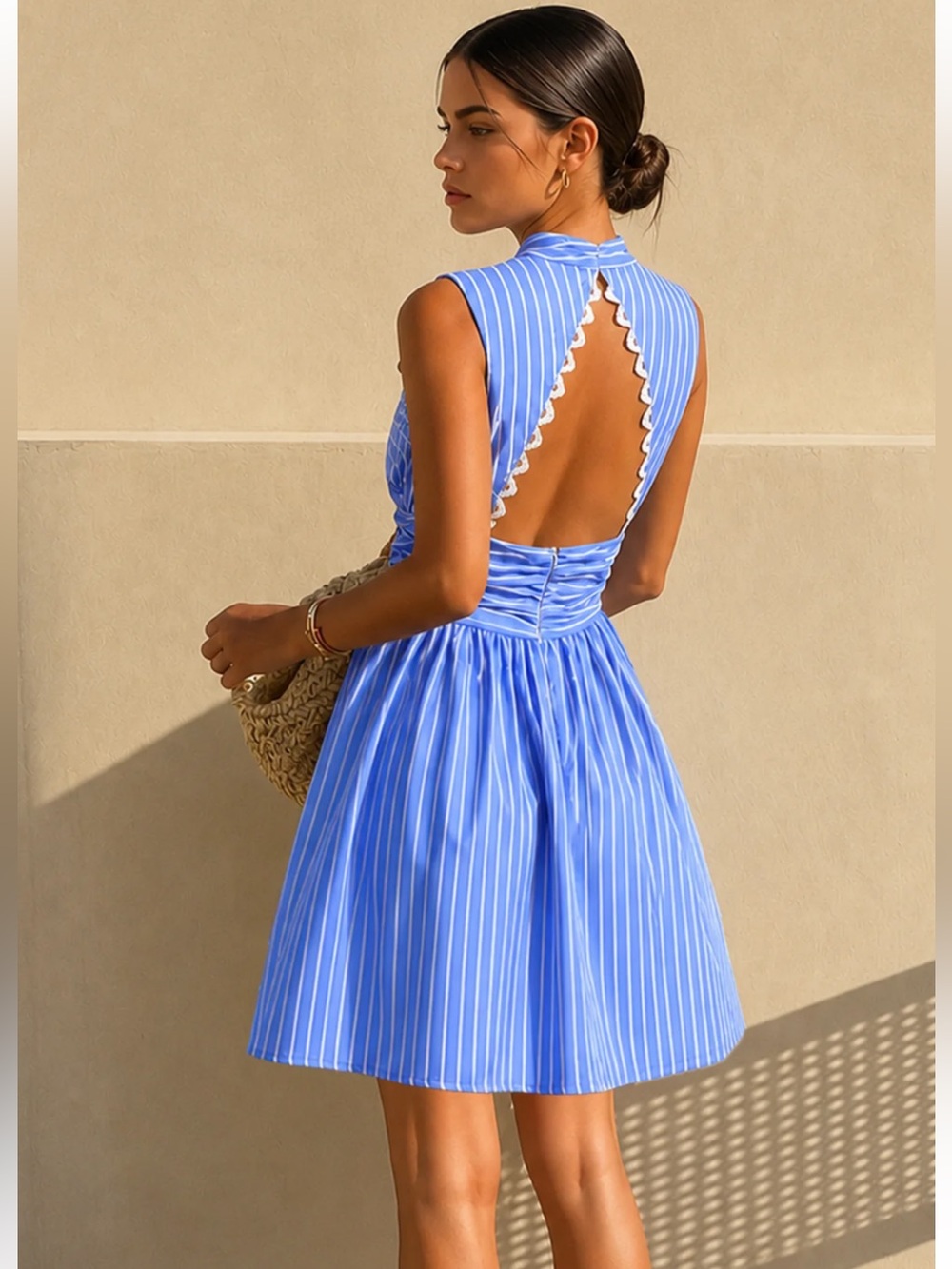 Commense Sleeveless Blue Striped Open-Back A-Line Dress